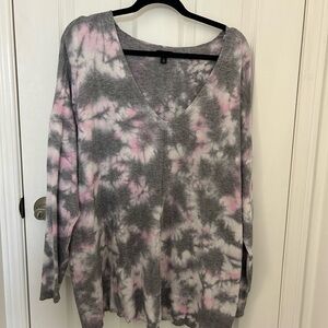 Torrid Gray and Pink Tie-Dye V-Neck Sweater, 2XL